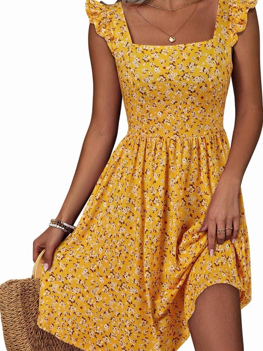 Yellow Floral Square-Neck Sundress with Ruffle Straps